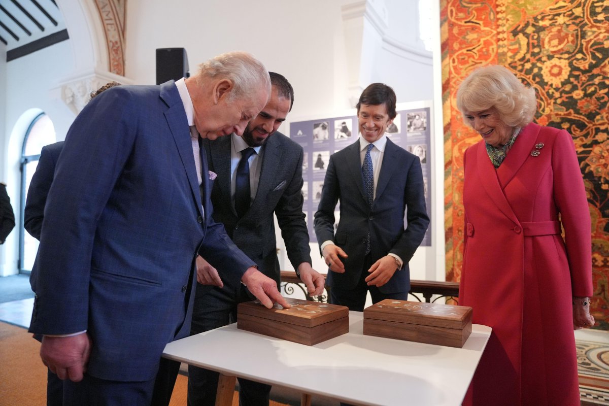 King Charles III and Queen Camilla visit Turquoise Mountain's 20th anniversary exhibition at the The Garrison Chapel in Chelsea Barracks on February 11, 2026 (Yui Mok/PA Images/Alamy)