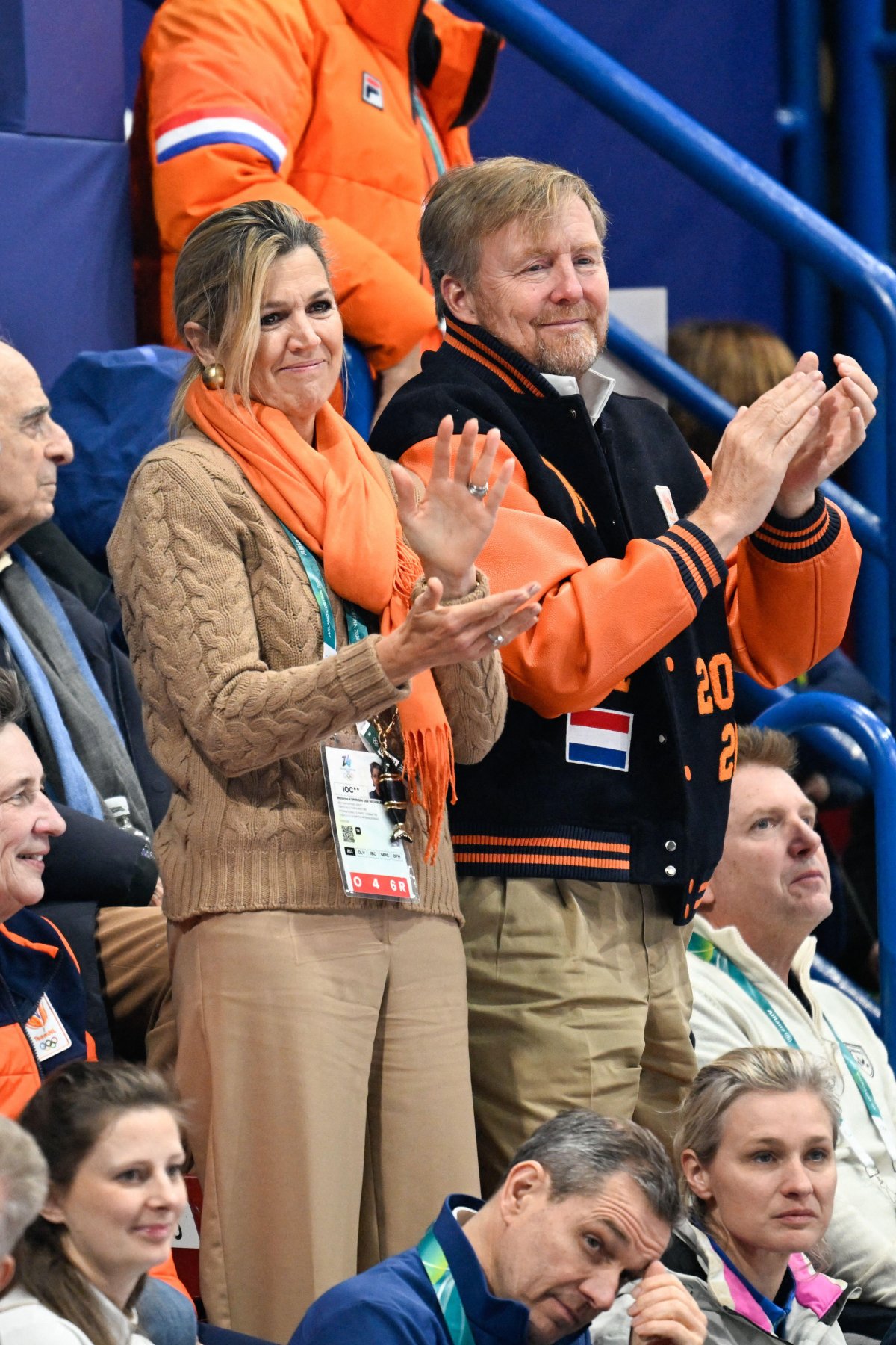 The King and Queen of the Netherlands watch the the mixed team relay short track speed skating competition at the Winter Olympics in Milan on February 10, 2026 (JMP/Abaca Press/Alamy)