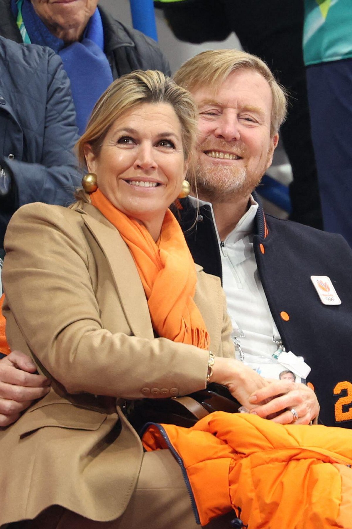 The King and Queen of the Netherlands watch the the mixed team relay short track speed skating competition at the Winter Olympics in Milan on February 10, 2026 (Alexis Jumeau/Abaca Press/Alamy)
