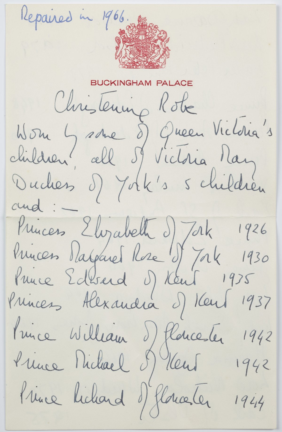 Handwritten notes by Queen Elizabeth II recording the royal babies to have worn the robe until the 1970s (Royal Collection Enterprises Limited | All Rights Reserved)