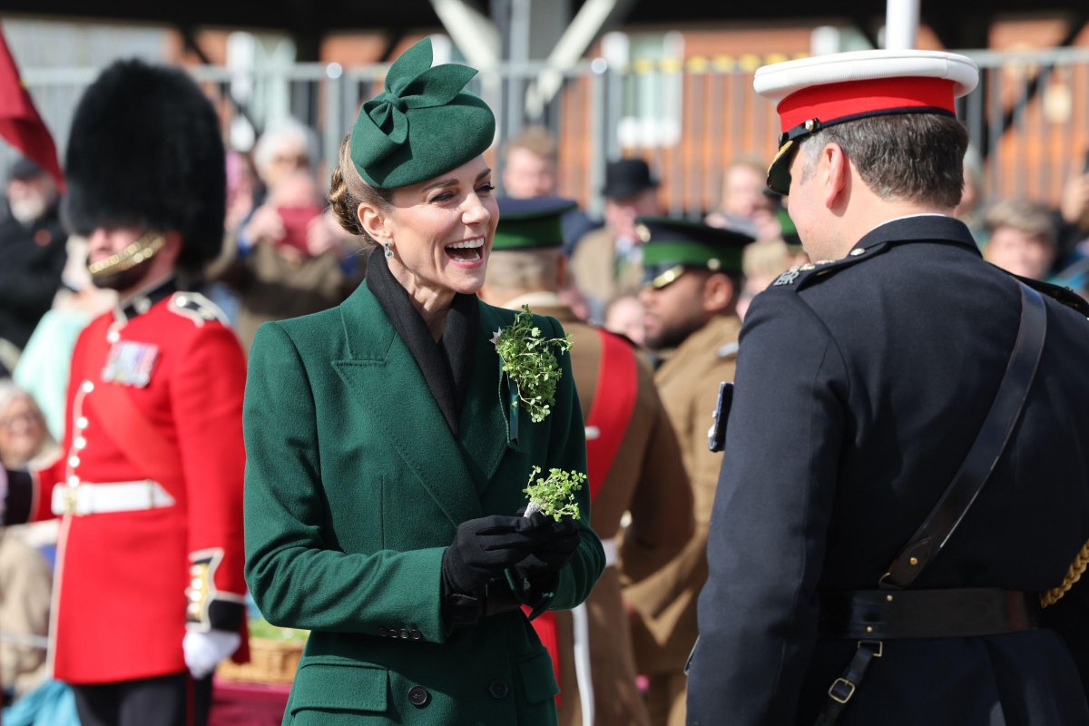 The Princess of Wales presents shamrocks to the Irish Guards on St. Patrick's Day at Mons Barracks in Aldershot on March 17, 2026 (Richard Pohle/PA Images/Alamy)