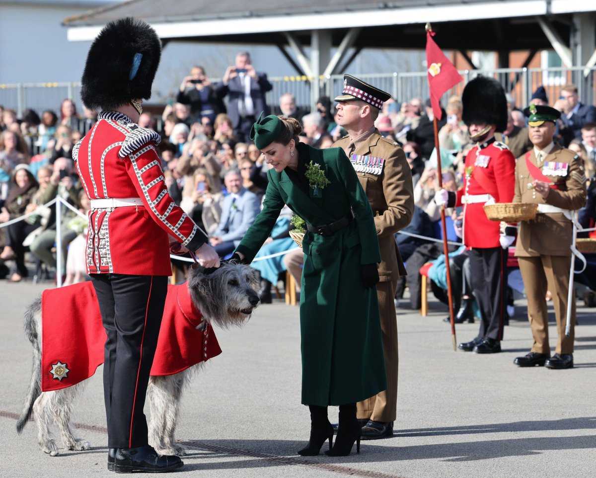 The Princess of Wales presents shamrocks to the Irish Guards on St. Patrick's Day at Mons Barracks in Aldershot on March 17, 2026 (Richard Pohle/PA Images/Alamy)
