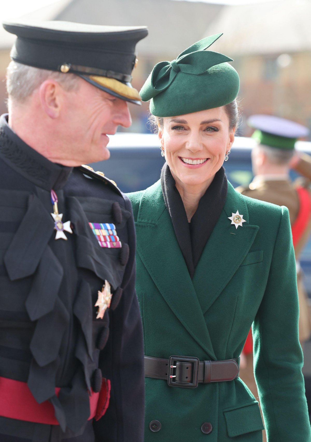 The Princess of Wales presents shamrocks to the Irish Guards on St. Patrick's Day at Mons Barracks in Aldershot on March 17, 2026 (Richard Pohle/PA Images/Alamy)