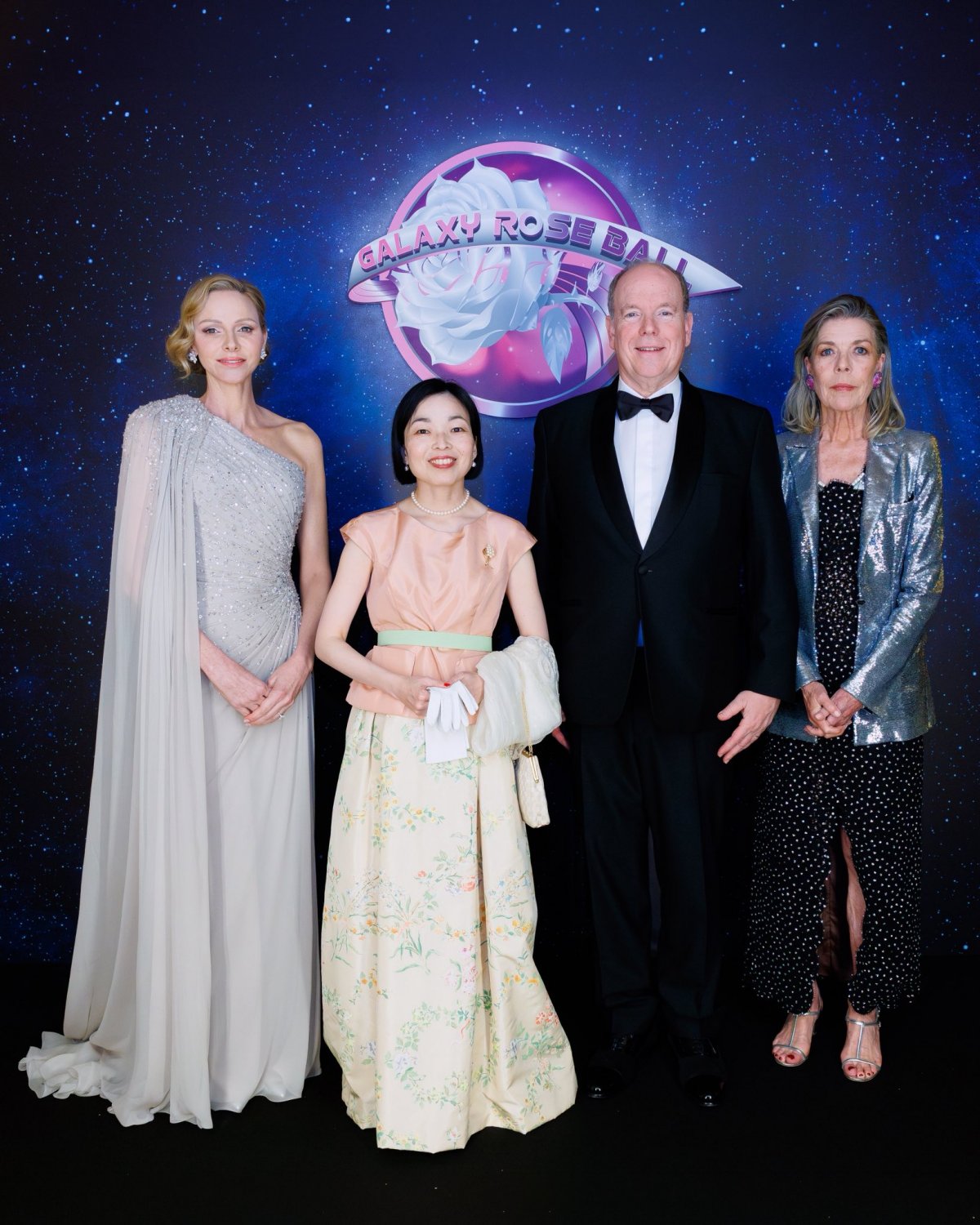The Prince and Princess of Monaco pose with the Princess of Hanover and Princess Akiko of Mikasa at the Bal de Rose on March 21, 2026 (Michaël Alesi/Palais Princier de Monaco)