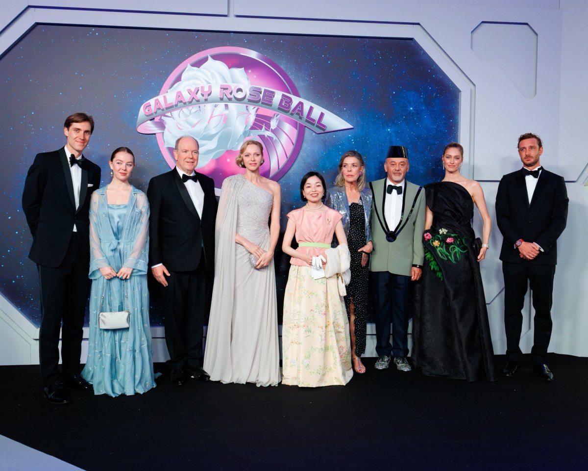 Members of the Monegasque princely family, with Princess Akiko of Mikasa and Christian Louboutin, attend the Bal de Rose on March 21, 2026 (Michaël Alesi/Palais Princier de Monaco)