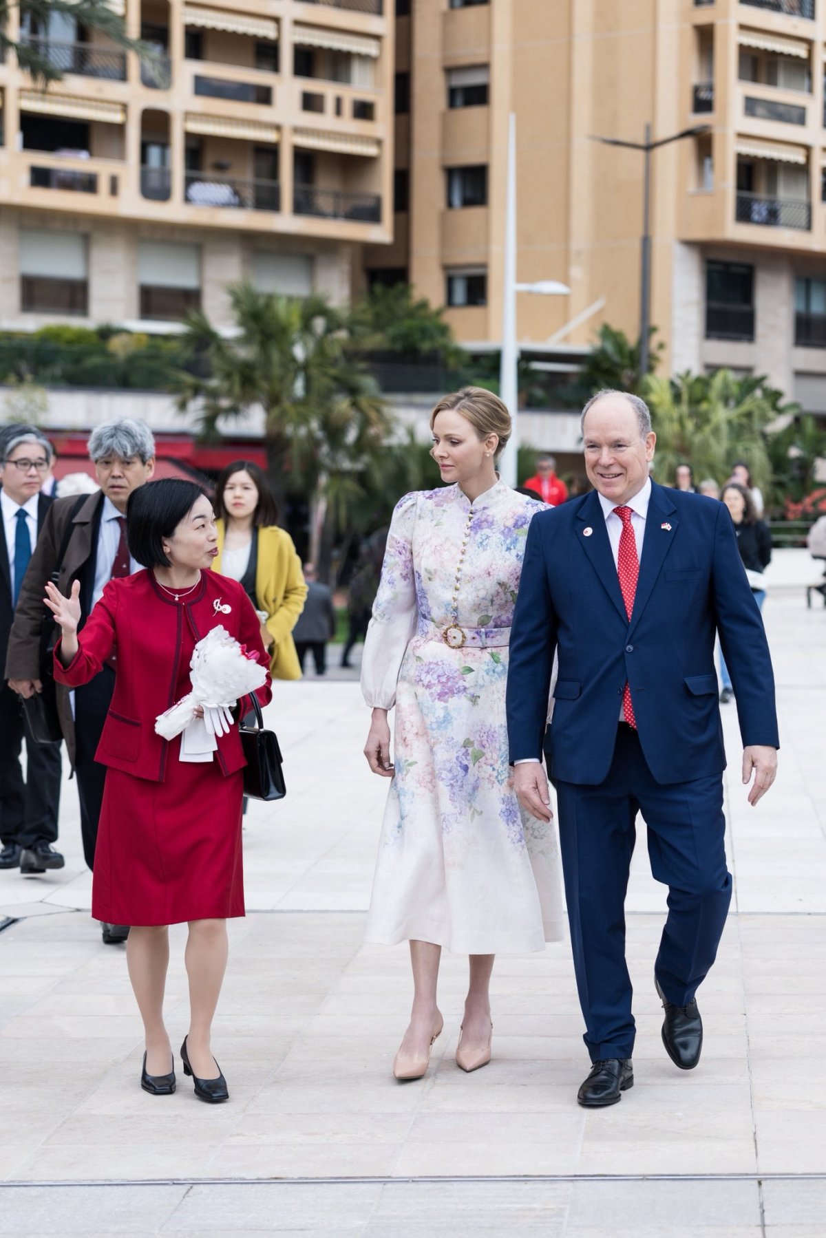 The Prince and Princess of Monaco speak with Princess Akiko of Mikasa during the launch of the "Japan in Monaco" celebrations at the Grimaldi Forum on March 21, 2026 (Sarah Steck/Palais Princier de Monaco)