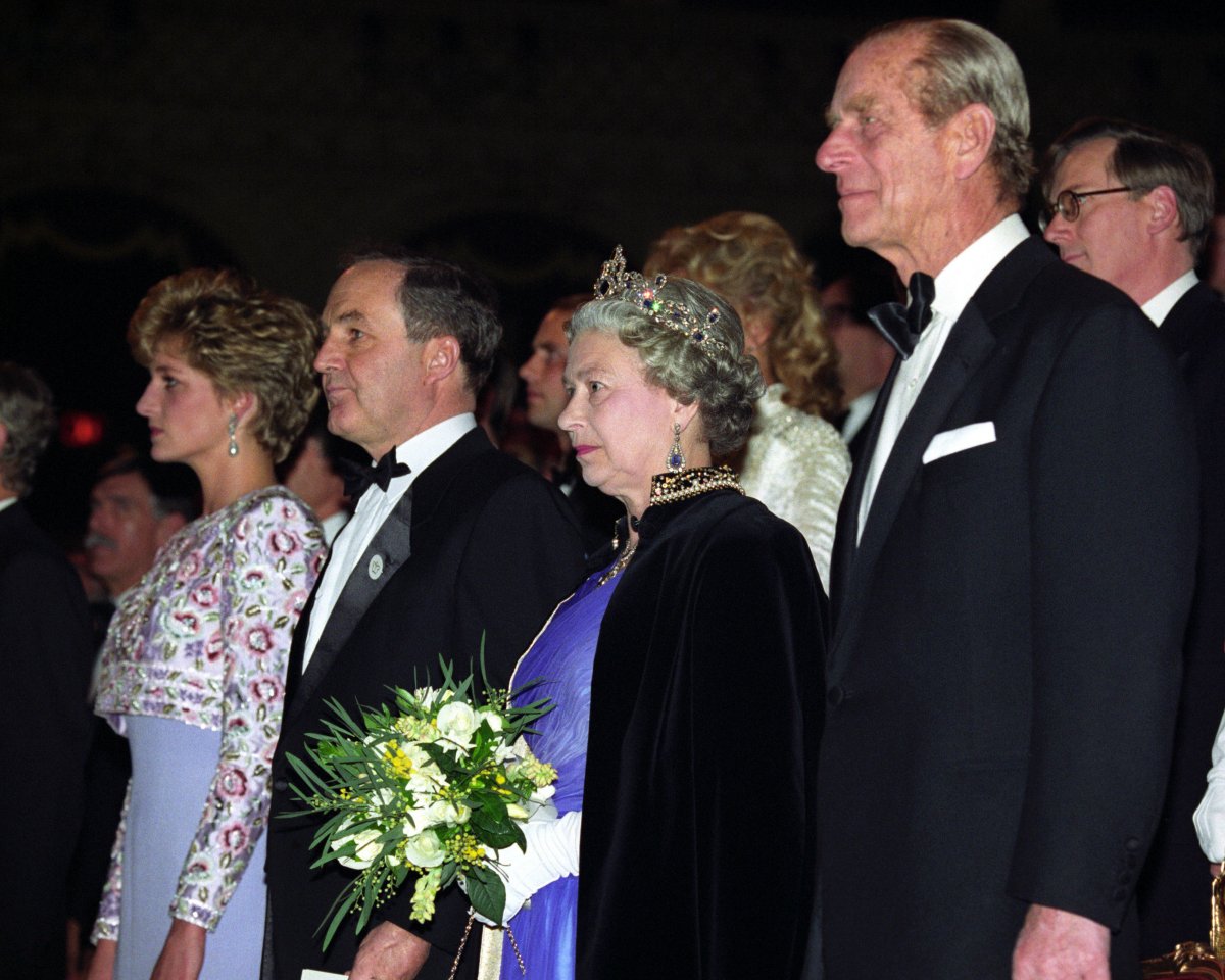 Queen Elizabeth II and the Duke of Edinburgh attend a celebration of the 40th anniversary of her accession to the throne at Earl's Court in London on October 26, 1992 (Martin Keene/PA Images/Alamy)