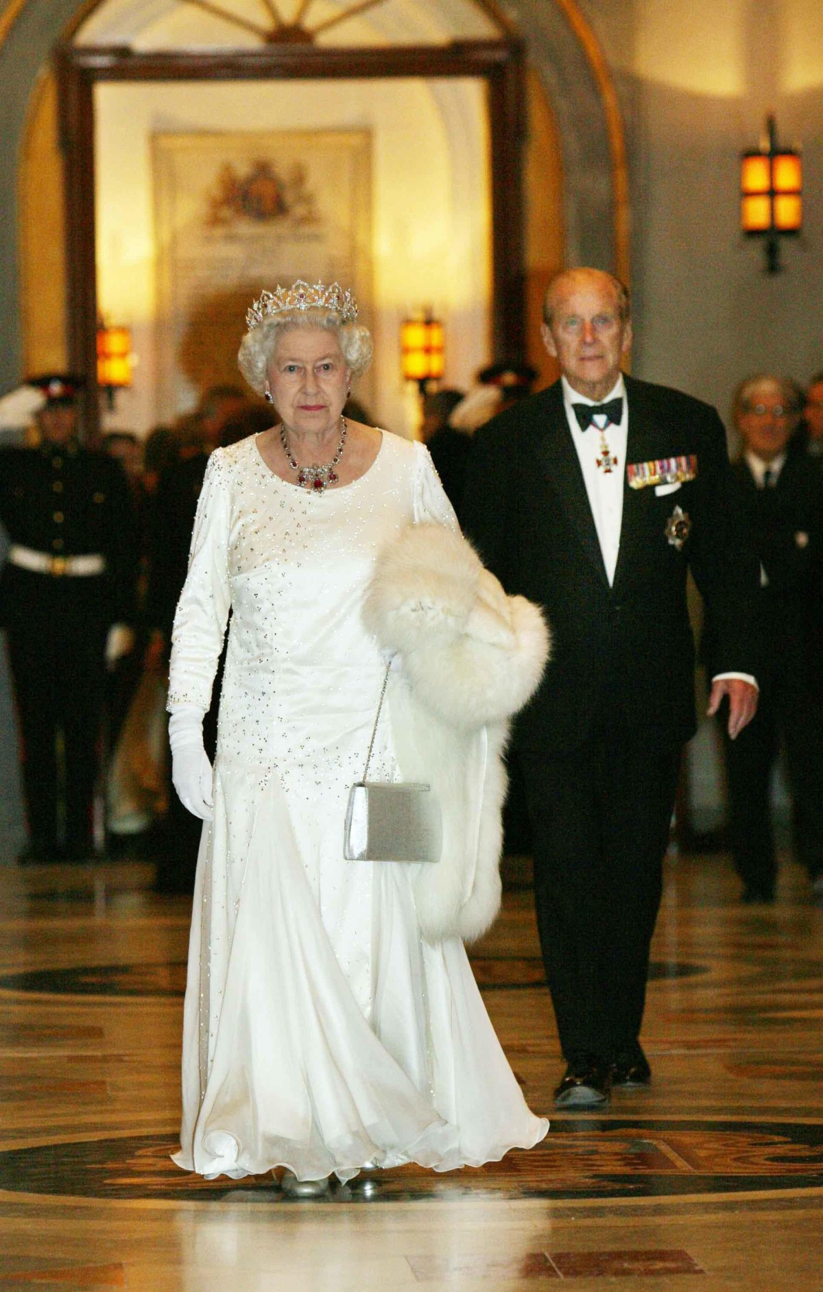 Queen Elizabeth II and the Duke of Edinburgh attend a state banquet at the Grandmaster's Palace during their state visit to Malta on November 23, 2005 (Ian Jones/PA Images/Alamy)