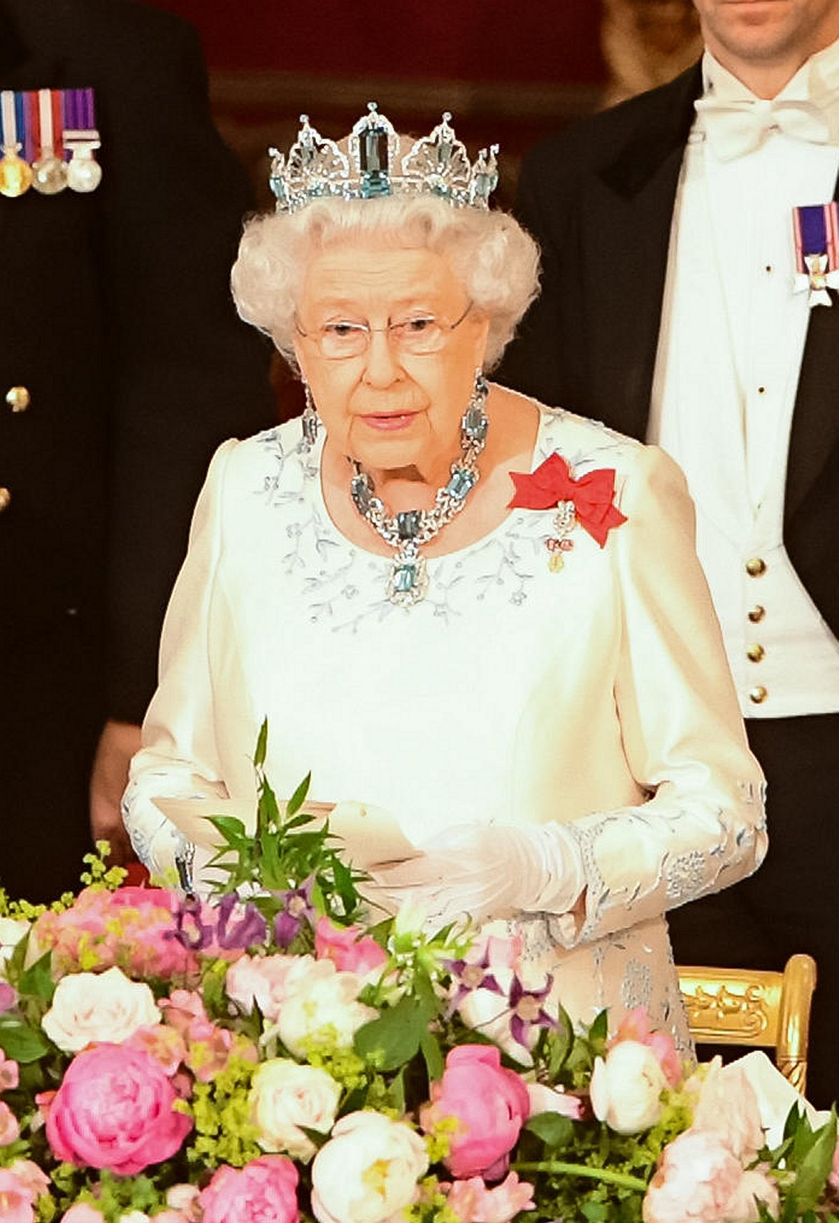 Queen Elizabeth II and the Duke of Edinburgh host a state banquet for the visiting King and Queen of Spain at Buckingham Palace on July 12, 2017 (Dominic Lipinski/PA Images/Alamy)