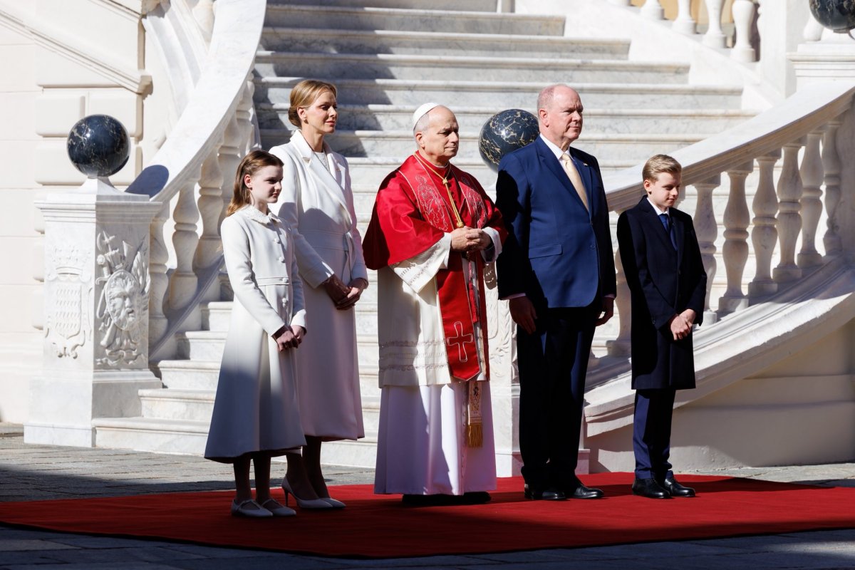 The Prince and Princess of Monaco host Pope Leo XIV during his visit to the principality on March 28, 2026 (Palais Princier de Monaco)
