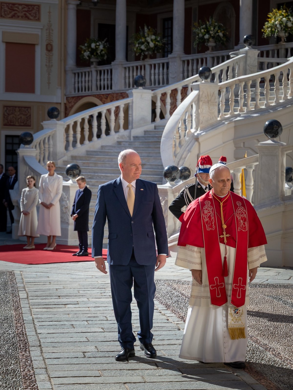 The Prince and Princess of Monaco host Pope Leo XIV during his visit to the principality on March 28, 2026 (Palais Princier de Monaco)