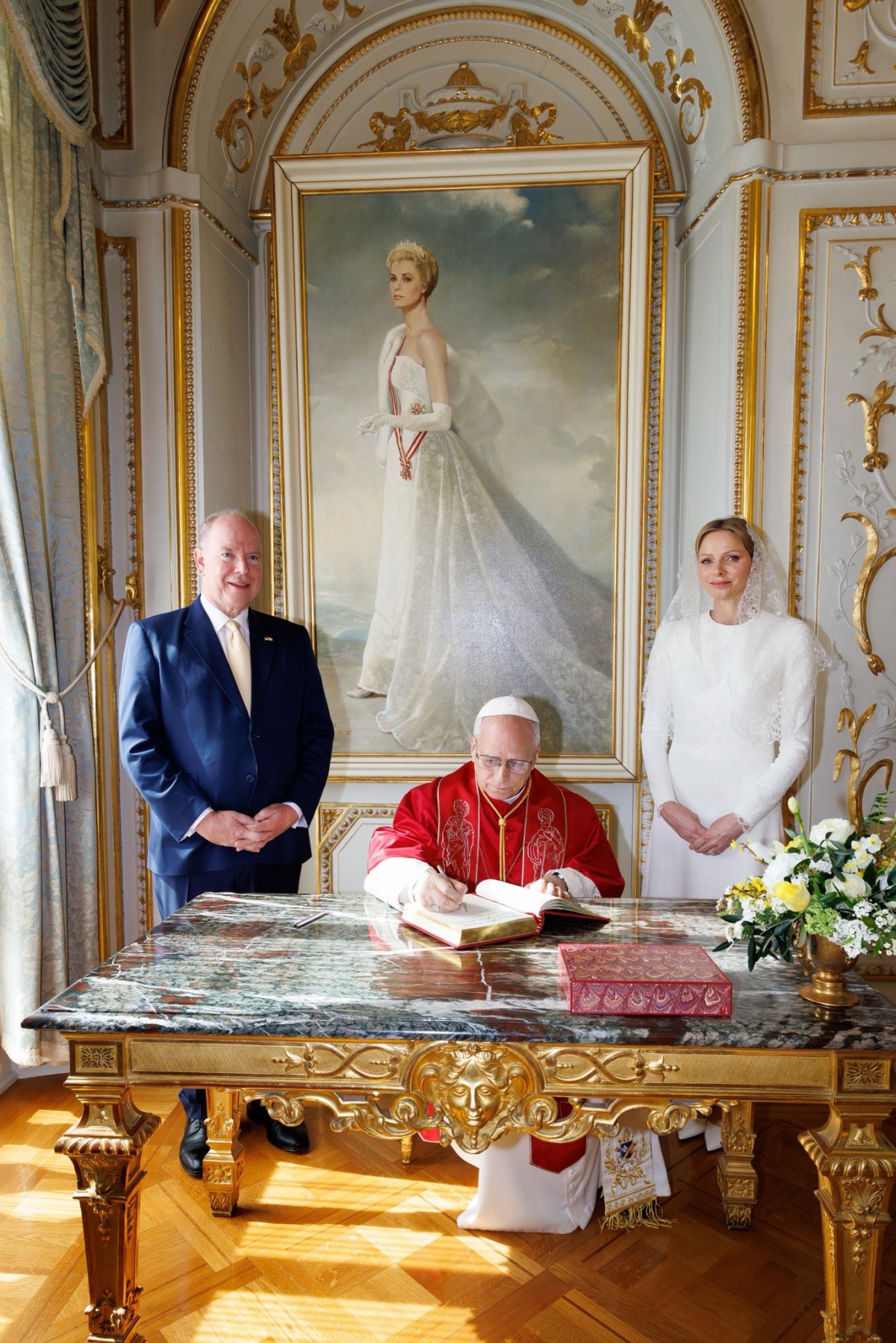 The Prince and Princess of Monaco host Pope Leo XIV during his visit to the principality on March 28, 2026 (Palais Princier de Monaco)