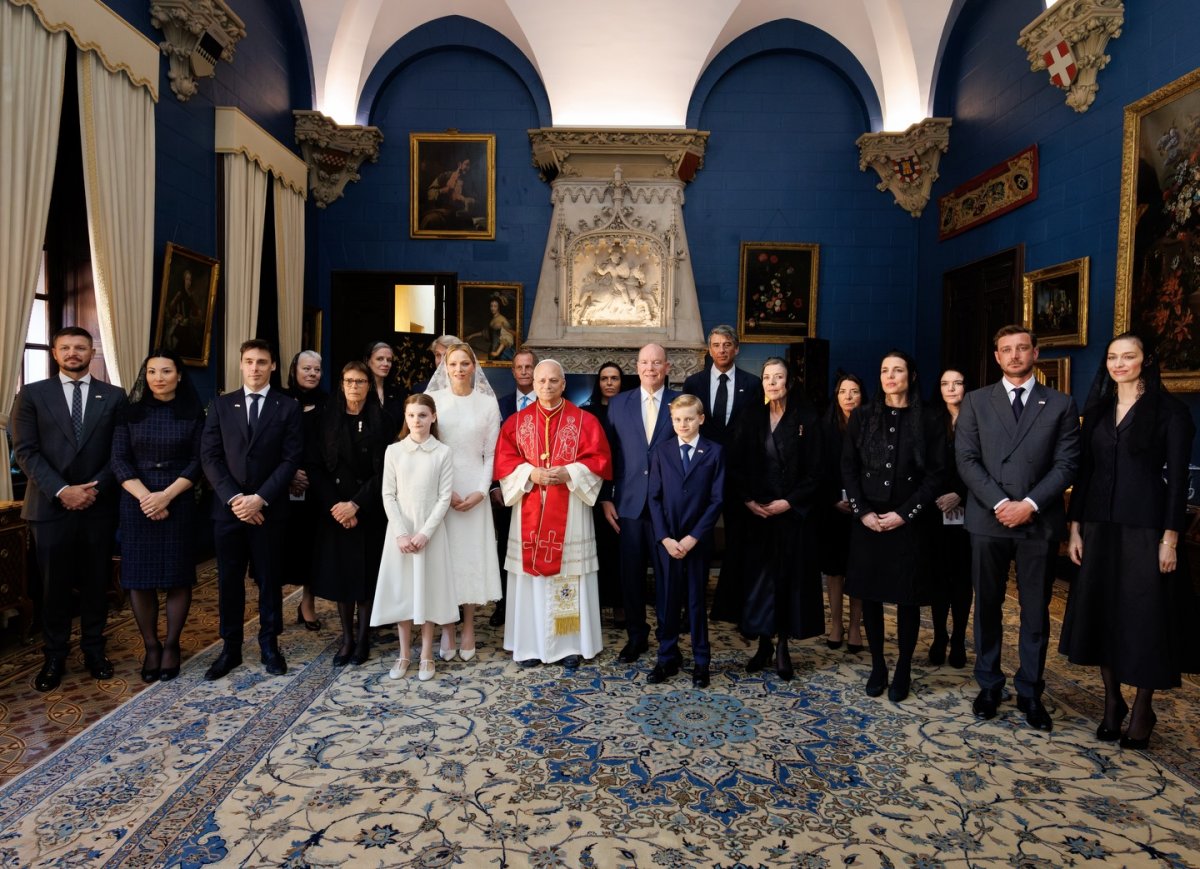 The Prince and Princess of Monaco host Pope Leo XIV during his visit to the principality on March 28, 2026 (Palais Princier de Monaco)