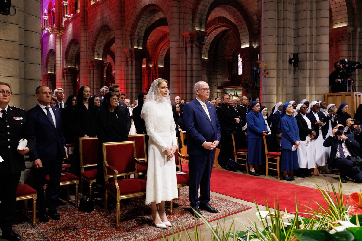 The Prince and Princess of Monaco host Pope Leo XIV during his visit to the principality on March 28, 2026 (Palais Princier de Monaco)