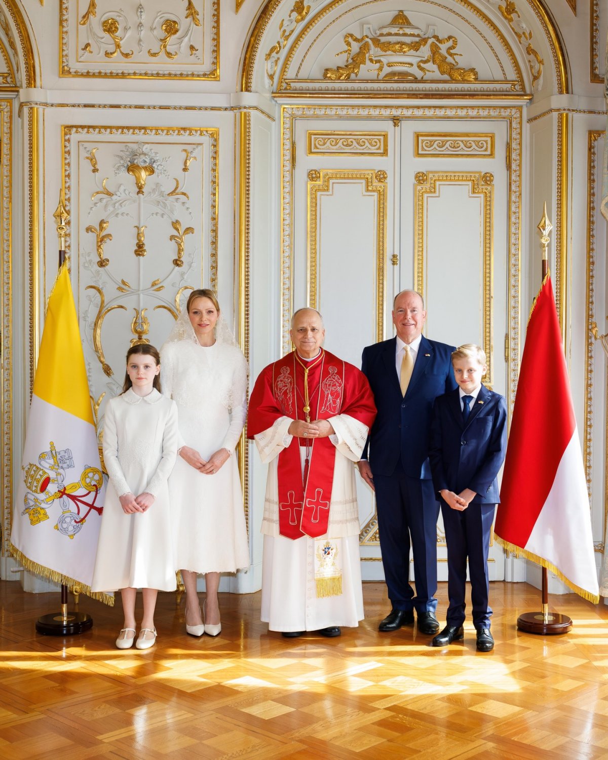 The Prince and Princess of Monaco host Pope Leo XIV during his visit to the principality on March 28, 2026 (Palais Princier de Monaco)