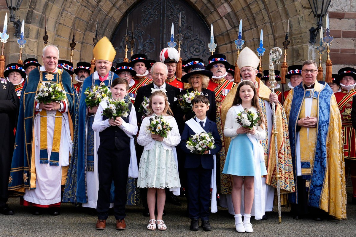 King Charles III and Queen Camilla attend the Royal Maundy service at St. Asaph Cathedral in North Wales on April 2, 2026 (Aaron Chown/PA Images/Alamy)