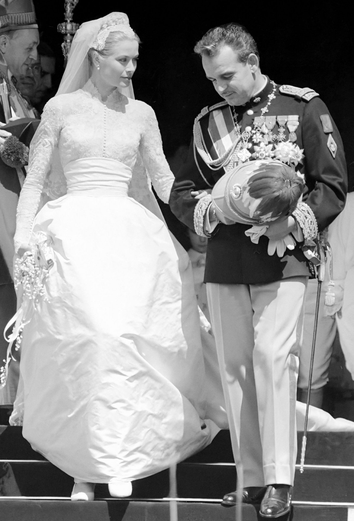 Prince Rainier III and Princess Grace of Monaco leave the Cathedral of Our Lady Immaculate after their wedding on April 19, 1956 (Wikimedia Commons)