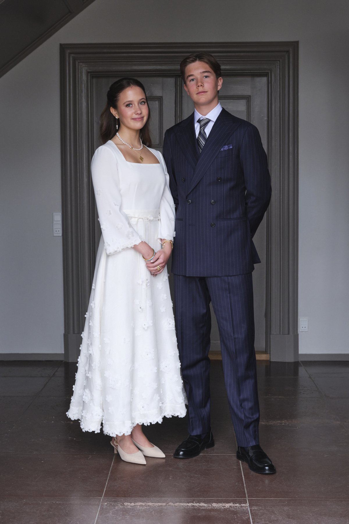 Prince Vincent and Princess Josephine of Denmark pose for official confirmation portraits at the Chancellery on April 18, 2026 (Karen Rosetzsky/Kongehuset)