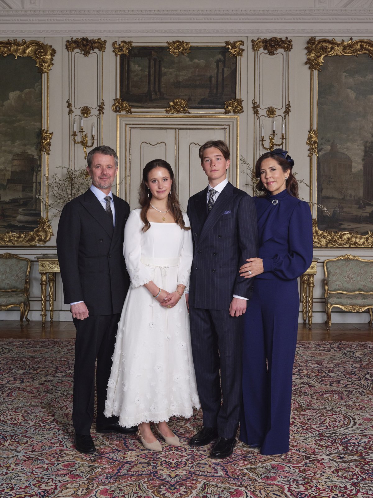Prince Vincent and Princess Josephine of Denmark pose for official confirmation portraits in the Garden Hall at Fredensborg Palace on April 18, 2026 (Karen Rosetzsky/Kongehuset)