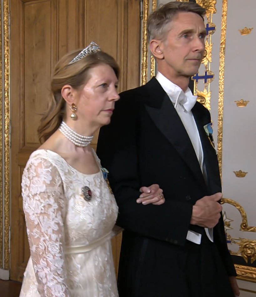 Baroness Hélène Silfverschiöld and Fredrik Dieterle attend a gala dinner celebrating King Carl XVI Gustaf of Sweden's 80th birthday at the Royal Palace in Stockholm on April 30, 2026 (SVT)