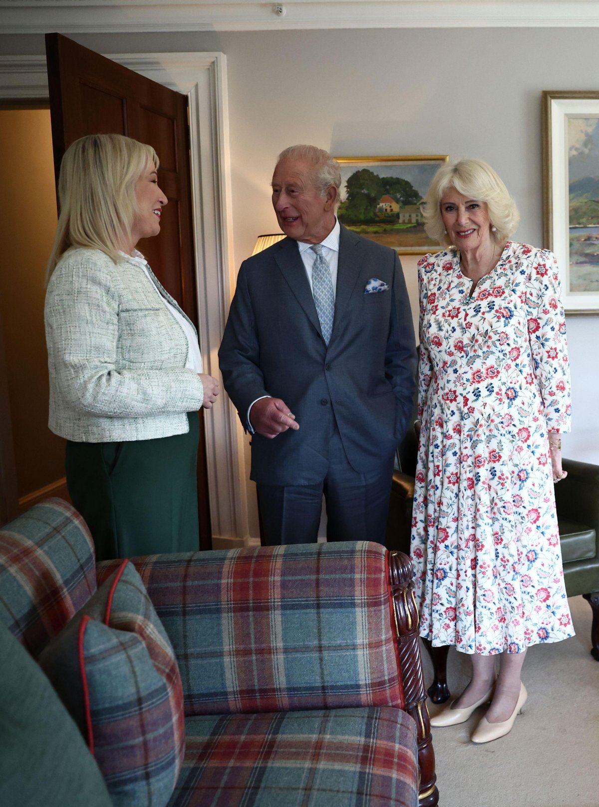 King Charles III and Queen Camilla meet with Northern Ireland's First Minister, Michelle O'Neill, at Hillsborough Castle on May 19, 2026 (Henry Nicholls/PA Images/Alamy)