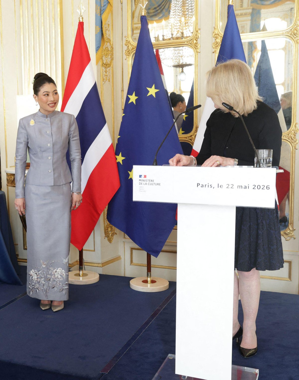 Princess Sirivannavari of Thailand receives the insignia of a Grand Officer of the Legion d'Honneur during a ceremony at the Ministry of Culture's Salon des Maréchaux in Paris on May 22, 2026 (Alain Guizard/Abaca Press/Alamy)