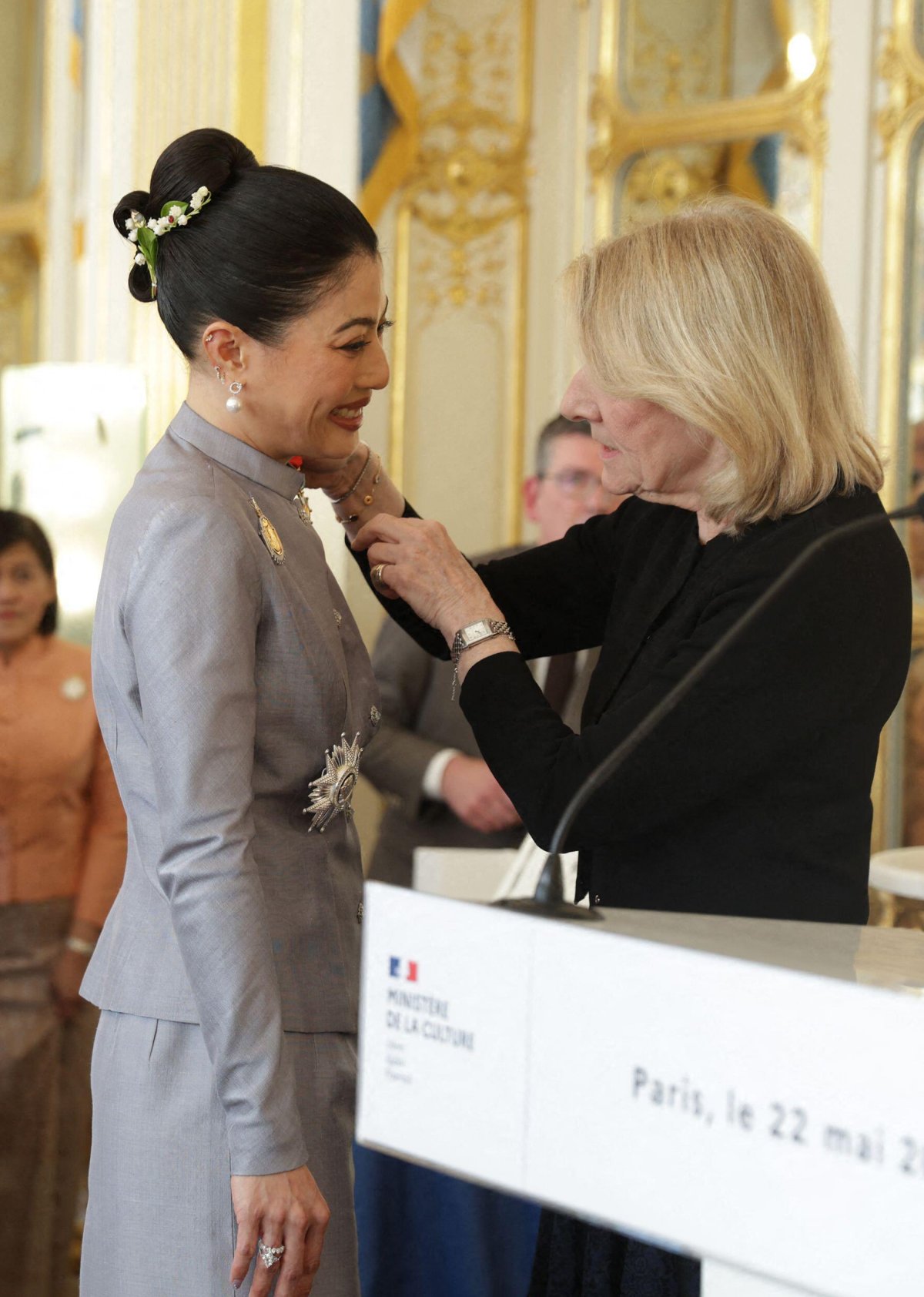 Princess Sirivannavari of Thailand receives the insignia of a Grand Officer of the Legion d'Honneur during a ceremony at the Ministry of Culture's Salon des Maréchaux in Paris on May 22, 2026 (Alain Guizard/Abaca Press/Alamy)
