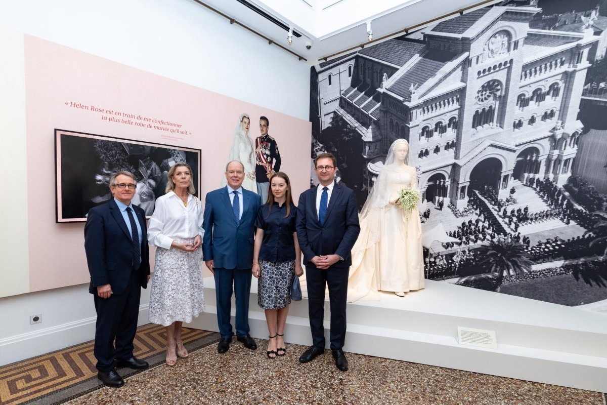 The Prince of Monaco, with the Princess of Hanover and Princess Alexandra, tours "The Wedding of the Century," an exhibition dedicated to the wedding of Prince Rainier III and Princess Grace, at the Palais Princier de Monaco on June 19, 2026 (Manuel Vitali-Director of Communications/Palais Princier de Monaco)