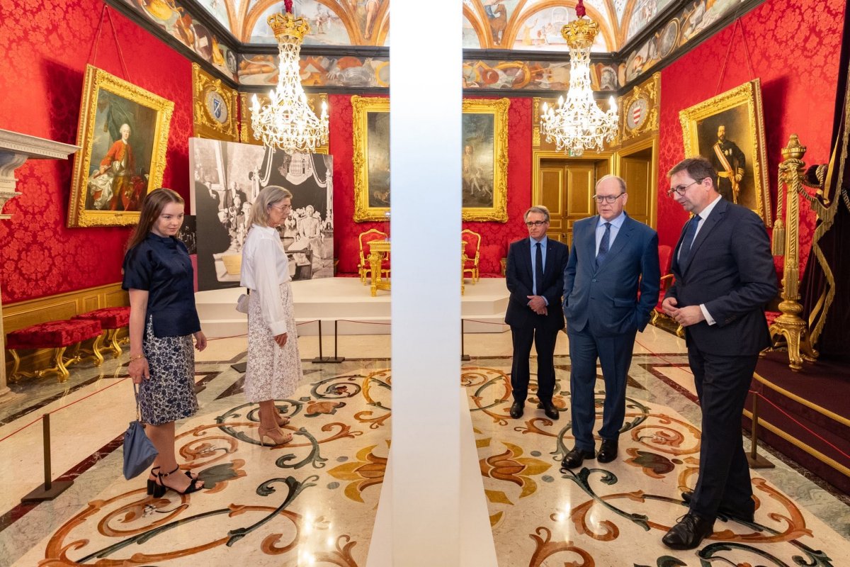 The Prince of Monaco, with the Princess of Hanover and Princess Alexandra, tours "The Wedding of the Century," an exhibition dedicated to the wedding of Prince Rainier III and Princess Grace, at the Palais Princier de Monaco on June 19, 2026 (Manuel Vitali-Director of Communications/Palais Princier de Monaco)