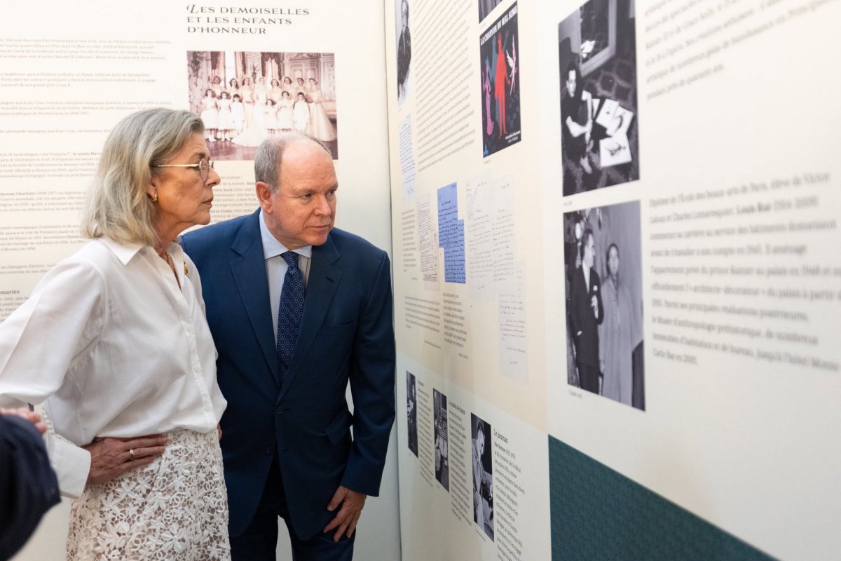 The Prince of Monaco, with the Princess of Hanover and Princess Alexandra, tours "The Wedding of the Century," an exhibition dedicated to the wedding of Prince Rainier III and Princess Grace, at the Palais Princier de Monaco on June 19, 2026 (Manuel Vitali-Director of Communications/Palais Princier de Monaco)