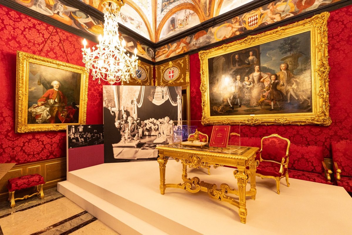The Prince of Monaco, with the Princess of Hanover and Princess Alexandra, tours "The Wedding of the Century," an exhibition dedicated to the wedding of Prince Rainier III and Princess Grace, at the Palais Princier de Monaco on June 19, 2026 (Manuel Vitali-Director of Communications/Palais Princier de Monaco)
