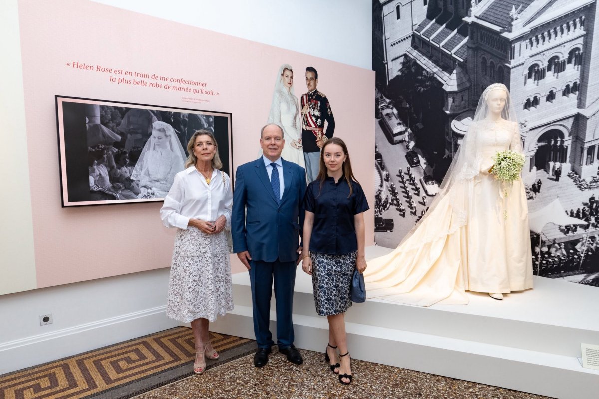 The Prince of Monaco, with the Princess of Hanover and Princess Alexandra, tours "The Wedding of the Century," an exhibition dedicated to the wedding of Prince Rainier III and Princess Grace, at the Palais Princier de Monaco on June 19, 2026 (Manuel Vitali-Director of Communications/Palais Princier de Monaco)