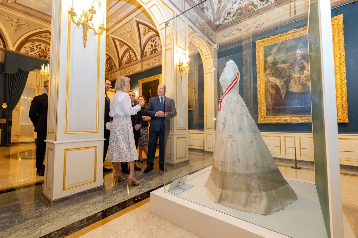 The Prince of Monaco, with the Princess of Hanover and Princess Alexandra, tours "The Wedding of the Century," an exhibition dedicated to the wedding of Prince Rainier III and Princess Grace, at the Palais Princier de Monaco on June 19, 2026 (Manuel Vitali-Director of Communications/Palais Princier de Monaco)