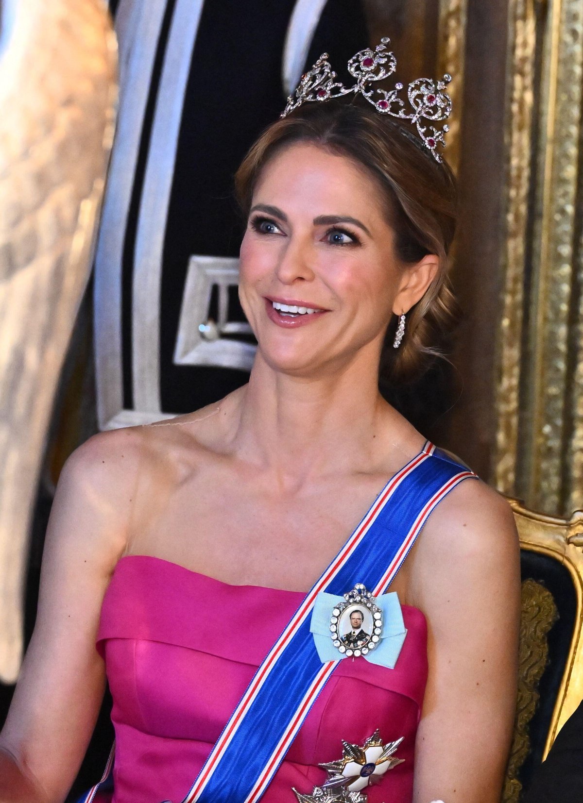 Princess Madeleine of Sweden attends a state banquet in honor of the visiting President of Iceland at the Royal Palace in Stockholm on May 6, 2025 (Claudio Bresciani/TT News Agency/Alamy)