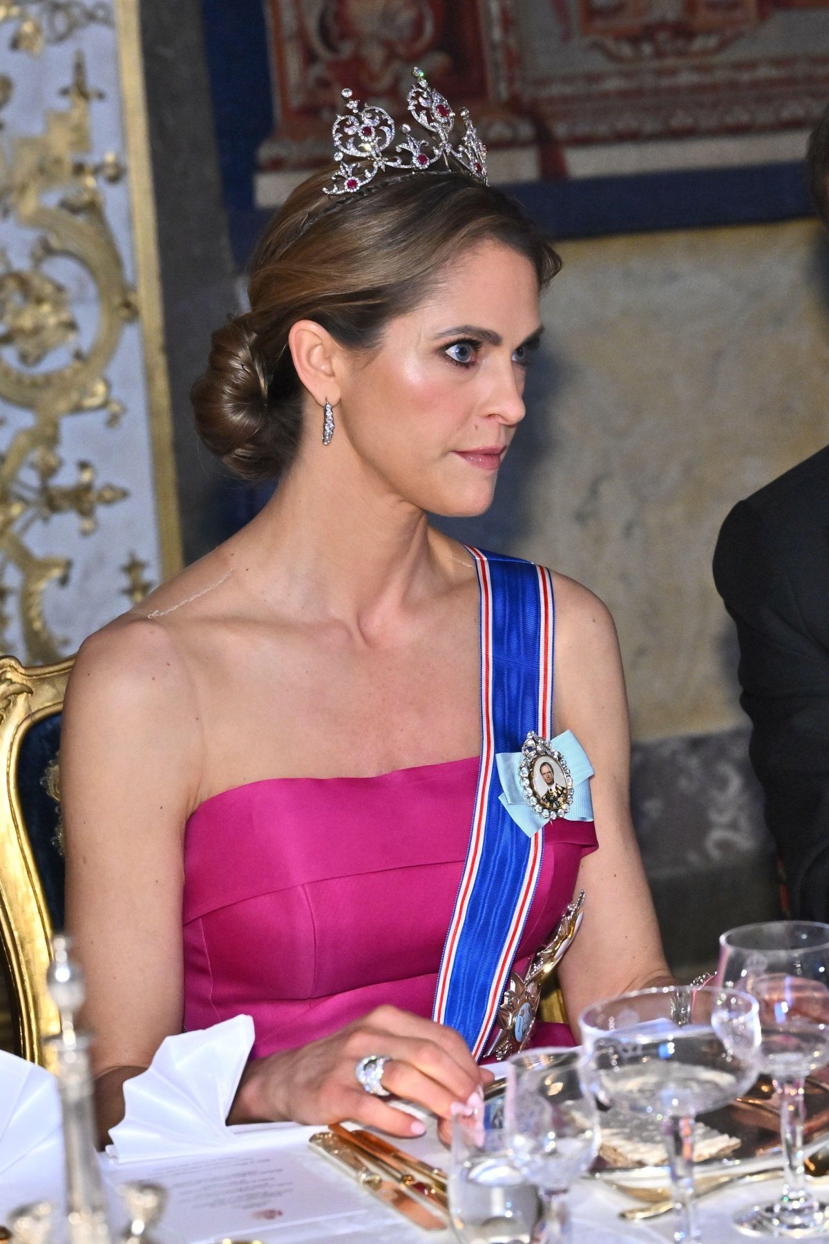 Princess Madeleine of Sweden attends a state banquet in honor of the visiting President of Iceland at the Royal Palace in Stockholm on May 6, 2025 (Claudio Bresciani/TT News Agency/Alamy)