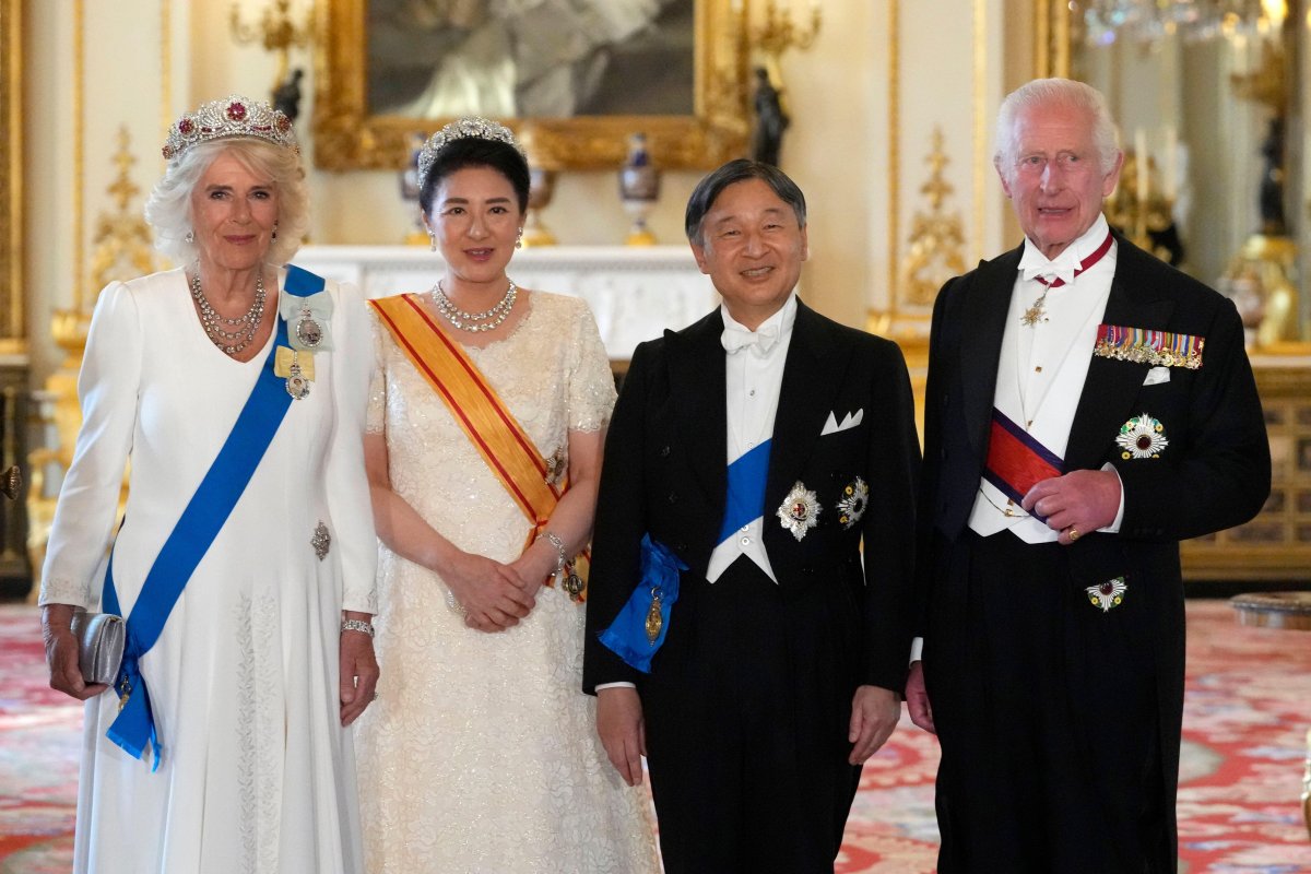 King Charles III and Queen Camilla host a state banquet for the visiting Emperor and Empress of Japan at Buckingham Palace on June 25, 2024 (Kirsty Wigglesworth/PA Images/Alamy)
