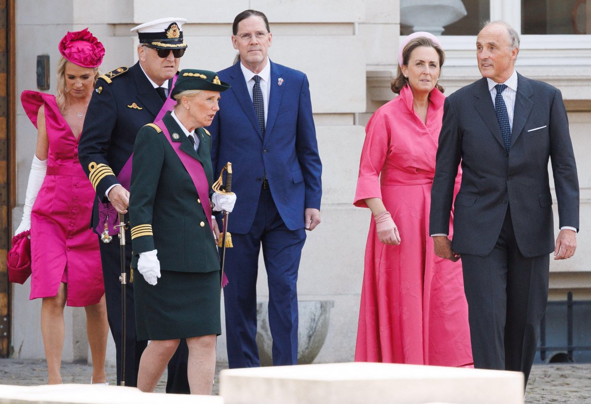 Princess Delphine, Prince Laurent, Princess Astrid, Jim O'Hare, Princess Claire, and Prince Lorenz attend the military and civilian parade during National Day celebrations in Brussels on July 21, 2026 (MARIUS BURGELMAN/Belga News Agency/Alamy)