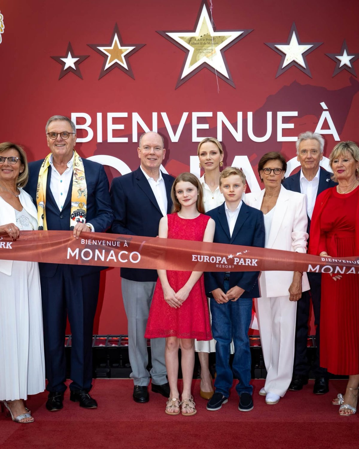 The Prince and Princess of Monaco, with Hereditary Prince Jacques, Princess Gabriella, and Princess Stephanie, attend the opening of the new Monaco area at Europa-Park in Germany on June 29, 2026 (Frédéric Nebinger/Palais Princier de Monaco)
