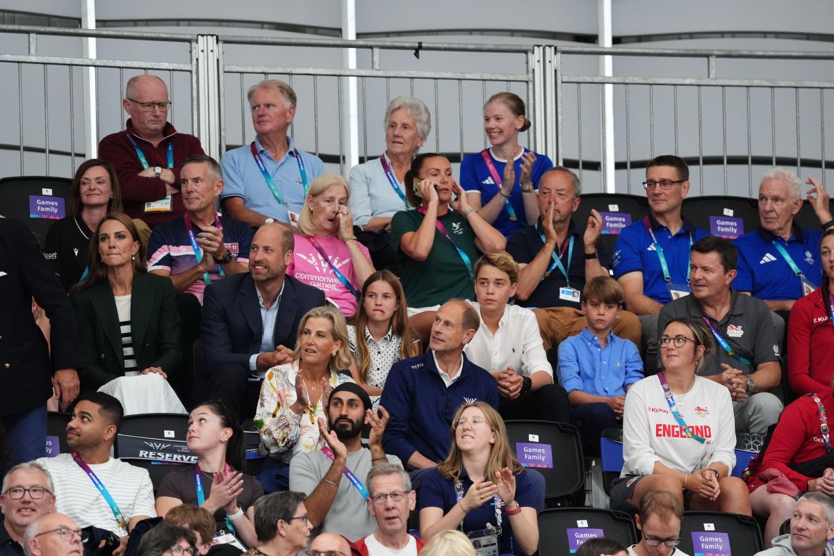 The Duke and Duchess of Rothesay, with their children, and the Duke and Duchess of Edinburgh watch cycling at the Sir Chris Hoy Velodrome during the Commonwealth Games in Glasgow on August 1, 2026 (Andrew Milligan/PA Images/Alamy)