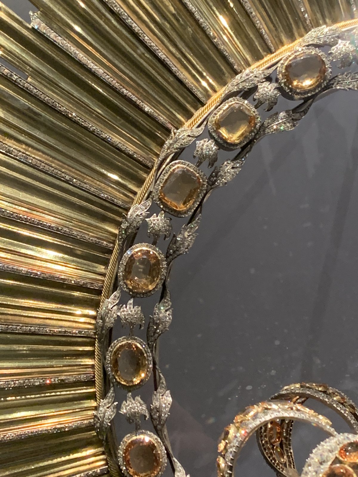 The crown, wimple, and halo of Our Lady of Atocha and the crown of the Christ Child on display at the Royal Basilica of Our Lady of Atocha, 2026 (Photo generously shared by Miss Glossop)