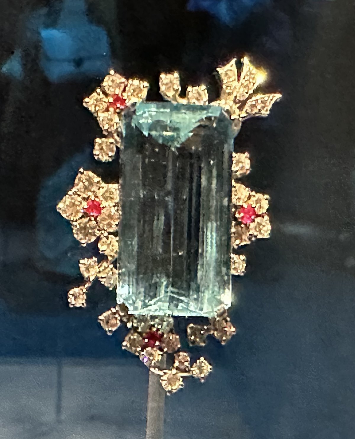 Clip brooch set with aquamarines, rubies, and diamonds, made by Van Cleef & Arpels, 1946 (Photo generously shared by Toni)