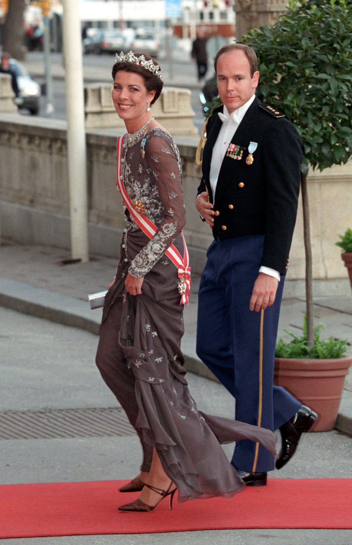 Princess Caroline and Prince Albert of Monaco attend a gala dinner celebrating the King of Sweden's 50th birthday in Stockholm on April 30, 1996 (Bjørn Sigurdsøn/NTB/Alamy)