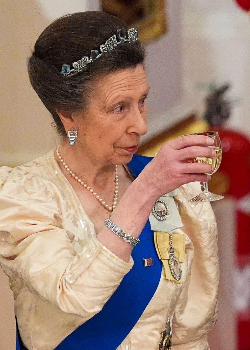 The Princess Royal attends a state banquet in honor of the Emir of Qatar at Buckingham Palace in London on December 3, 2024 (Jordan Pettitt/PA Images/Alamy)