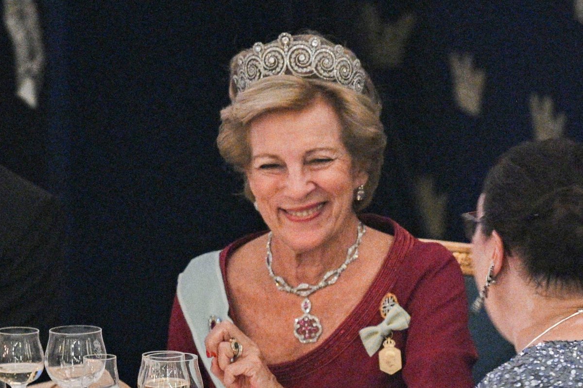 Queen Anne-Marie attends a gala banquet celebrating the King of Sweden's Golden Jubilee at the Royal Palace in Stockholm on September 15, 2023 (Anders Wiklund/TT News Agency/Alamy)