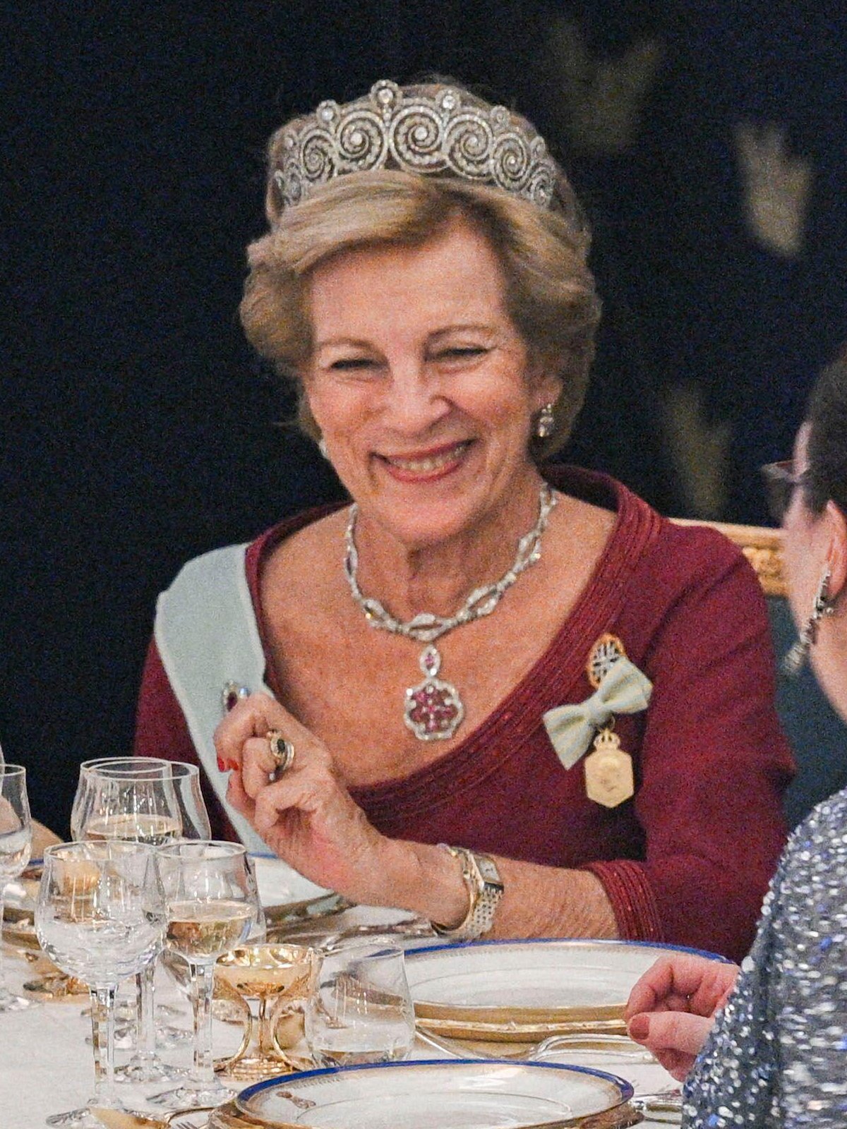 Queen Anne-Marie attends a gala banquet celebrating the King of Sweden's Golden Jubilee at the Royal Palace in Stockholm on September 15, 2023 (Anders Wiklund/TT News Agency/Alamy)