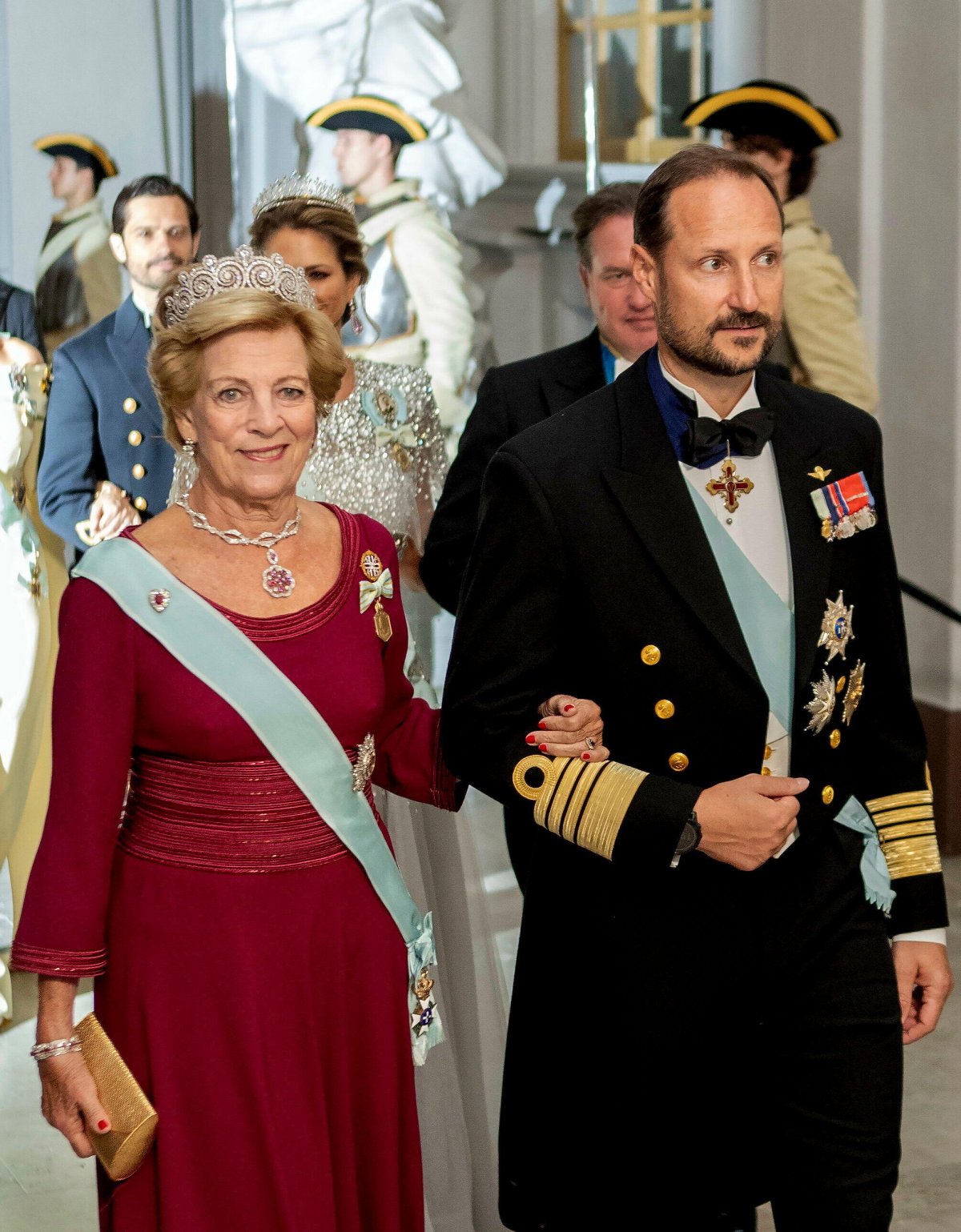 Queen Anne-Marie, with the Crown Prince of Norway, attends a gala banquet celebrating the King of Sweden's Golden Jubilee at the Royal Palace in Stockholm on September 15, 2023 (Albert Nieboer/DPA Picture Alliance/Alamy)