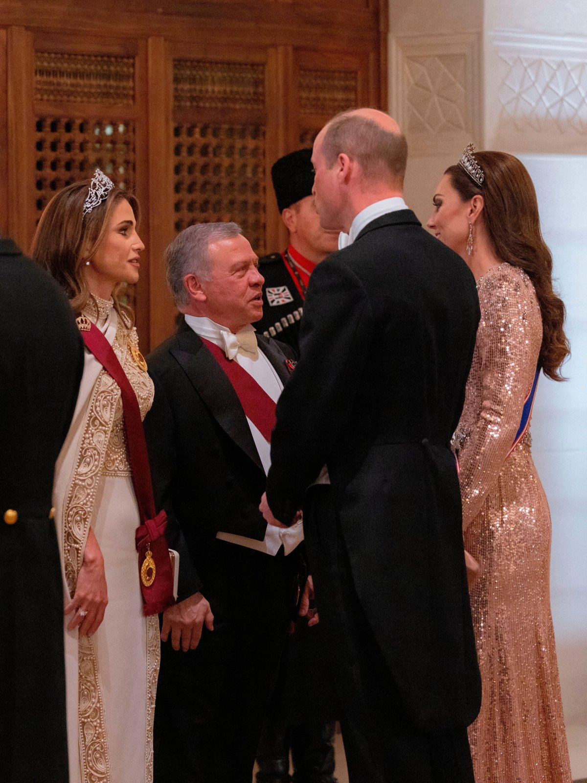 The King and Queen of Jordan greet the Prince and Princess of Wales ahead of a banquet on the evening of the wedding of Crown Prince Hussein and Princess Rajwa at Al Husseiniya Palace in Amman on June 1, 2023 (Balkis Press/Abaca Press/Alamy)