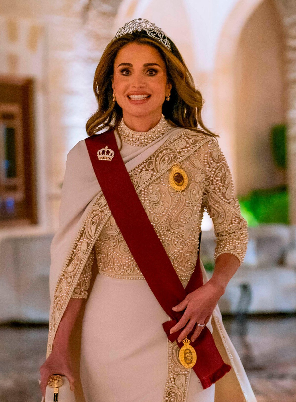 The Queen of Jordan attends a banquet on the evening of the wedding of her son, Crown Prince Hussein, and Princess Rajwa at Al Husseiniya Palace in Amman on June 1, 2023 (Albert Nieboer/Royal Hashemite Court)