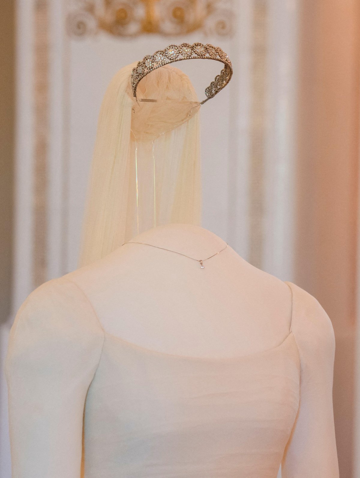 The dress worn by Crown Princess Mette-Marit on her wedding day is displayed at the Royal Palace in Oslo on June 18, 2026 (Stian Lysberg Solum/NTB/Alamy)