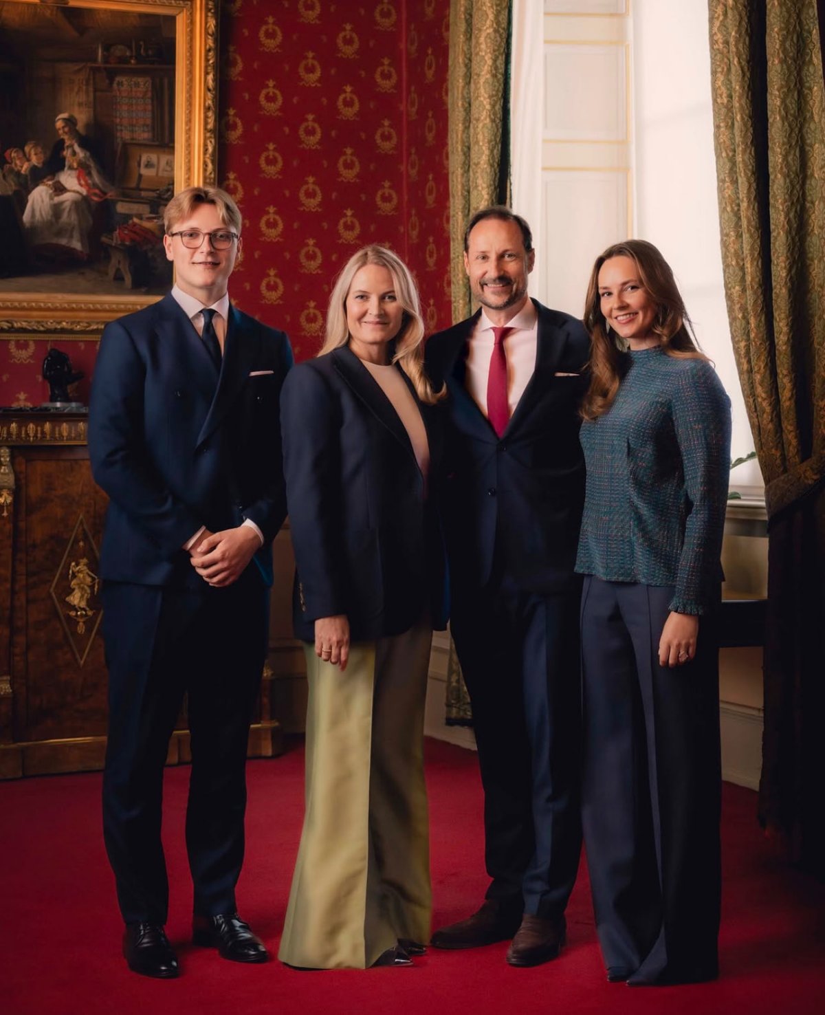 The Crown Prince and Crown Princess of Norway pose with their children, Princess Ingrid Alexandra and Prince Sverre Magnus, in a portrait shared to mark the Crown Princess's 53rd birthday on August 19, 2026 (Kongehuset Norge)